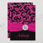 Roze, zilver, Black Damask Sweet 16 Invitation Kaart (Voorkant / Achterkant)