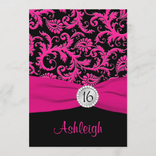 Roze, zilver, Black Damask Sweet 16 Invitation Kaart