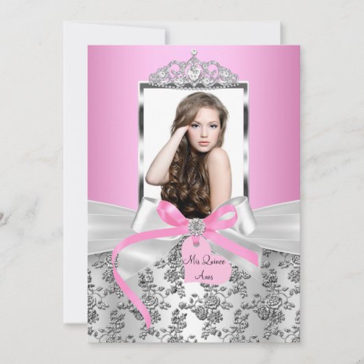  roze zilver Bow & Roos Foto Quinceanera Kaart (Voorkant)