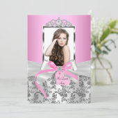  roze zilver Bow & Roos Foto Quinceanera Kaart (Staand voorkant)