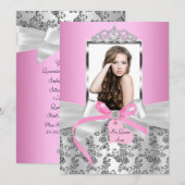  roze zilver Bow & Roos Foto Quinceanera Kaart (Voorkant / Achterkant)