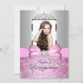  roze zilver Bow & Tiara Quinceanera Kaart (Voorkant)