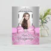  roze zilver Bow & Tiara Quinceanera Kaart (Staand voorkant)