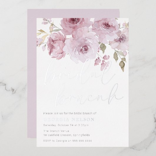 Roze & Zilver Bruiloft Bruiloftsbrunch Folie Uitnodiging (Voorkant / Achterkant)