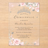 Roze Zilver Clear Acryl Bloemen Quinceanera Acryl Uitnodigingen (Voorkant)
