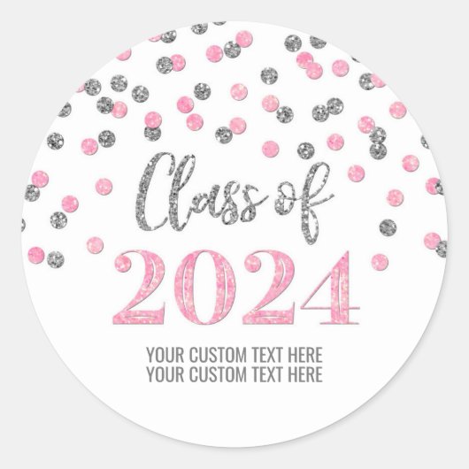 Roze Zilver Confetti Afstuderen 2024 Ronde Sticker (Voorkant)