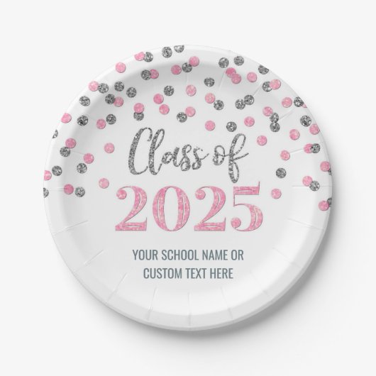 Roze Zilver Confetti Afstuderen 2025 Papieren Bordje (Voorkant)