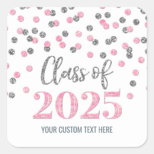 Roze Zilver Confetti Afstuderen 2025  Vierkante Sticker