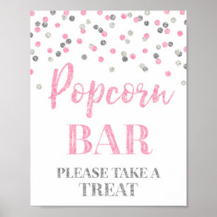 Roze Zilver Confetti Popcorn Bar Sign Poster