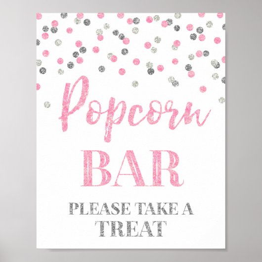 Roze Zilver Confetti Popcorn Bar Sign Poster (Voorkant)
