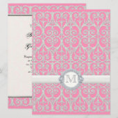 Roze zilver, diamanten en kant, monogrammed Weddin Kaart (Voorkant / Achterkant)