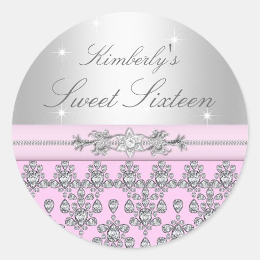 Roze & Zilver Diamond Sweet 16 Sticker (Voorkant)