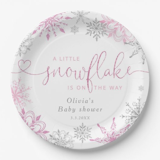 Roze zilver Een beetje sneeuwvlok baby shower Papieren Bordje (Voorkant)