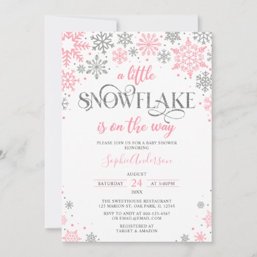  Roze Zilver Een Klein Sneeuwvlokje Winter Baby Sh Kaart (Voorkant)