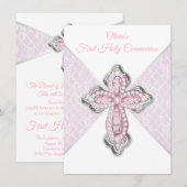 Roze Zilver Eerste Communie Uitnodigingen (Voorkant / Achterkant)