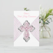 Roze Zilver Eerste Communie Uitnodigingen (Staand voorkant)