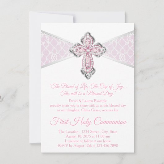 Roze Zilver Eerste Communie Uitnodigingen (Achterkant)