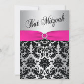 Roze, zilver en Black Damask Bat Mitzvah Invite Kaart (Voorkant)