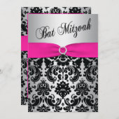 Roze, zilver en Black Damask Bat Mitzvah Invite Kaart (Voorkant / Achterkant)