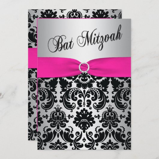 Roze, zilver en Black Damask Bat Mitzvah Invite Kaart (Voorkant / Achterkant)