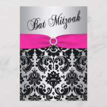 Roze, zilver en Black Damask Bat Mitzvah Invite