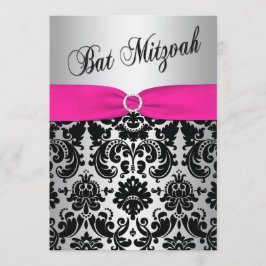 Roze, zilver en Black Damask Bat Mitzvah Invite Kaart