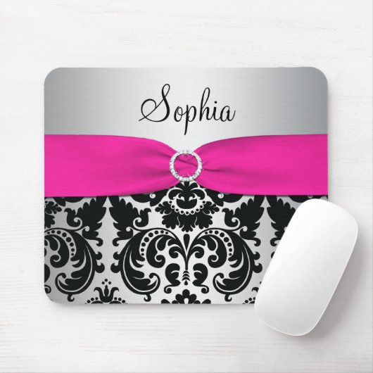 Roze, zilver en Black Damask Mousepad Muismat (Met muis)