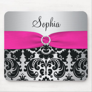Roze, zilver en Black Damask Mousepad Muismat