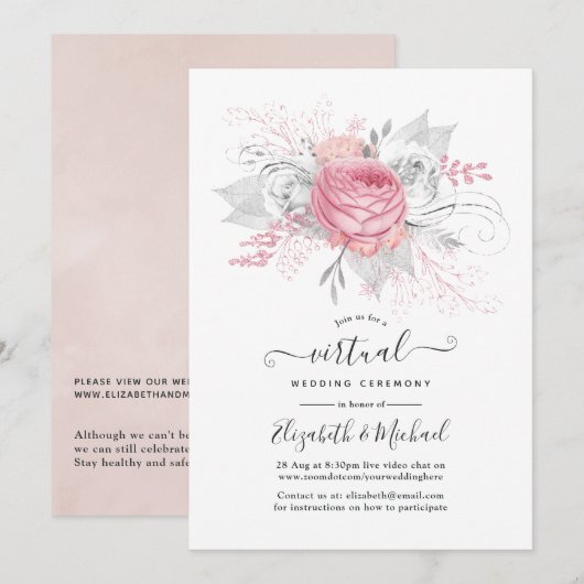 Roze, zilver en White Floral online virtueel huwel Kaart (Voorkant / Achterkant)