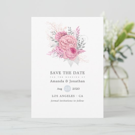 Roze Zilver en Wit Bloemen Bruiloft Save the Date (Staand voorkant)