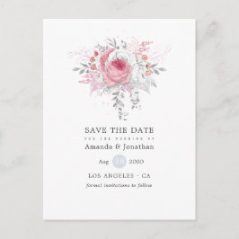 Roze Zilver en Wit Bloemen Bruiloft Save the Date Aankondigingskaart