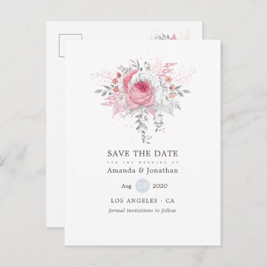 Roze Zilver en Wit Bloemen Bruiloft Save the Date Aankondigingskaart (Voorkant / Achterkant)