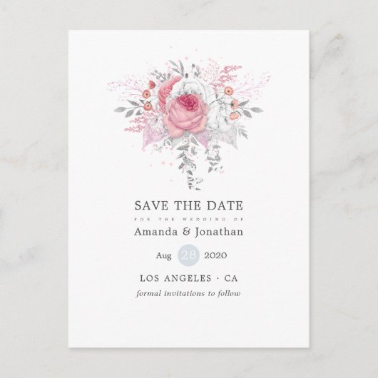 Roze Zilver en Wit Bloemen Bruiloft Save the Date Aankondigingskaart (Voorkant)