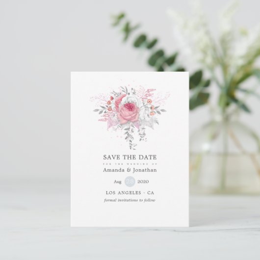 Roze Zilver en Wit Bloemen Bruiloft Save the Date Aankondigingskaart (Staand voorkant)