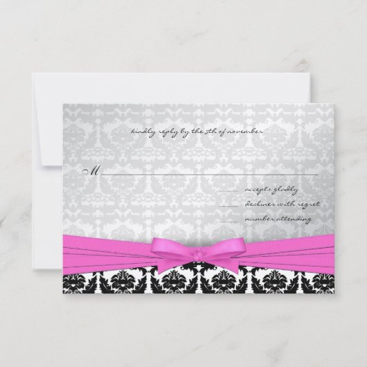 Roze zilver en zwarte Damask Swirls Wedding Invite Kaart (Voorkant)