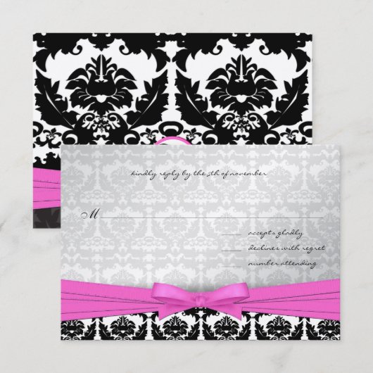 Roze zilver en zwarte Damask Swirls Wedding Invite Kaart (Voorkant / Achterkant)
