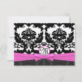 Roze zilver en zwarte Damask Swirls Wedding Invite Kaart (Achterkant)