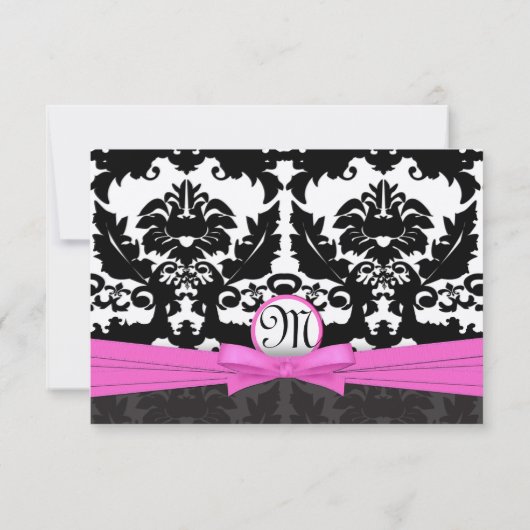 Roze zilver en zwarte Damask Swirls Wedding Invite Kaart (Achterkant)