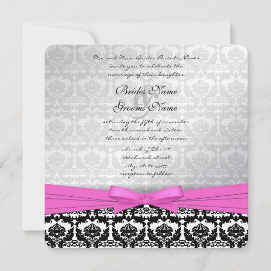Roze zilver en zwarte Damask Swirls Wedding Invite Kaart (Voorkant)