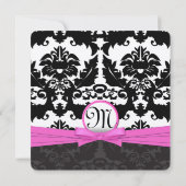 Roze zilver en zwarte Damask Swirls Wedding Invite Kaart (Achterkant)