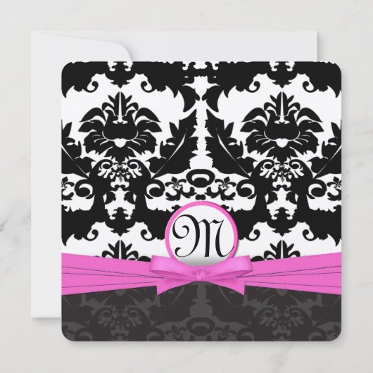 Roze zilver en zwarte Damask Swirls Wedding Invite Kaart (Achterkant)