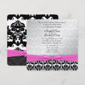Roze zilver en zwarte Damask Swirls Wedding Invite Kaart (Voorkant / Achterkant)