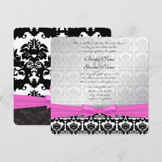 Roze zilver en zwarte Damask Swirls Wedding Invite Kaart (Voorkant / Achterkant)