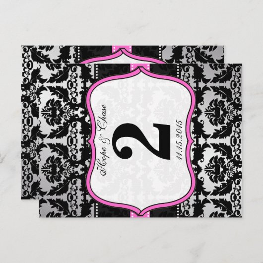 Roze, zilver en zwarte, Damastafel-nummerkaarten Briefkaart (Voorkant / Achterkant)