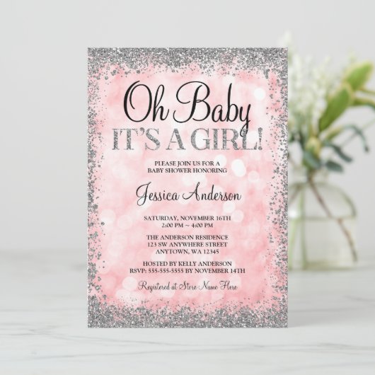 Roze zilver Faux Glitter Lights Baby shower Kaart (Staand voorkant)
