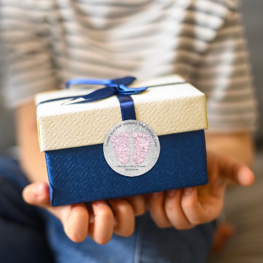 Roze zilver Feet Baby shower Favor Dankjewel Ronde Sticker