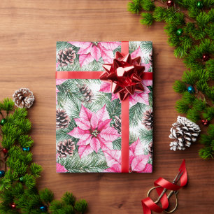 Roze Zilver Glam Poinsettia Bloemen Kerst Cadeaupapier