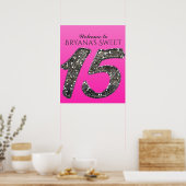Roze & Zilver Glitter 15 Vijftien Feest Poster (Keuken)
