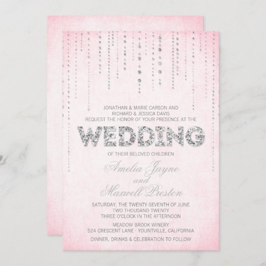 Roze & Zilver Glitter Blik Uitnodiging van het Wed (Voorkant / Achterkant)