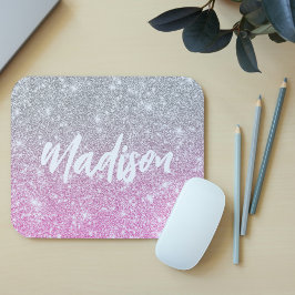 Roze Zilver Glitter Calligraphy Naam Muismat